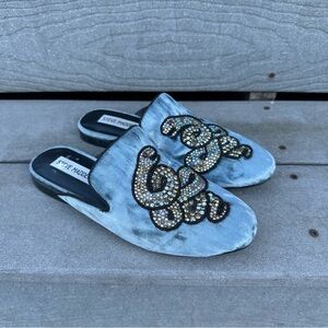 Steve Madden Hydes Fabric Blue Crushed Velvet Rhinestone Snake Slip-On Loafers